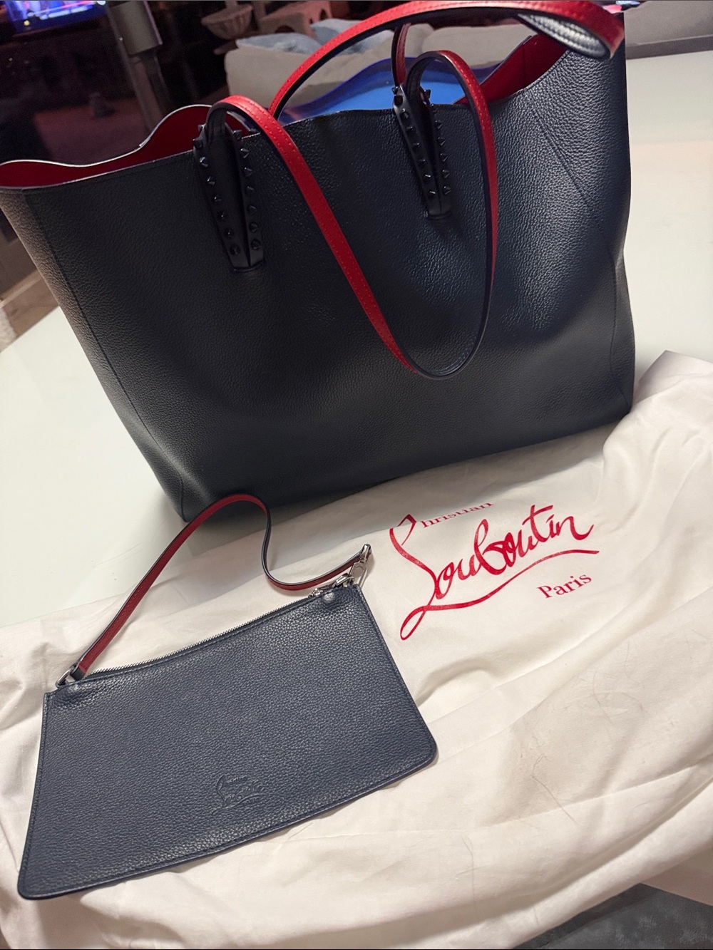 Christian Louboutin Cabata Tote (L) Navy and Red Leather with Pouch